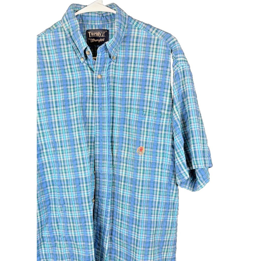 TwentyX by Wrangler Western Shirt Large Blue Green Plaid Short Sleeve Cowboy